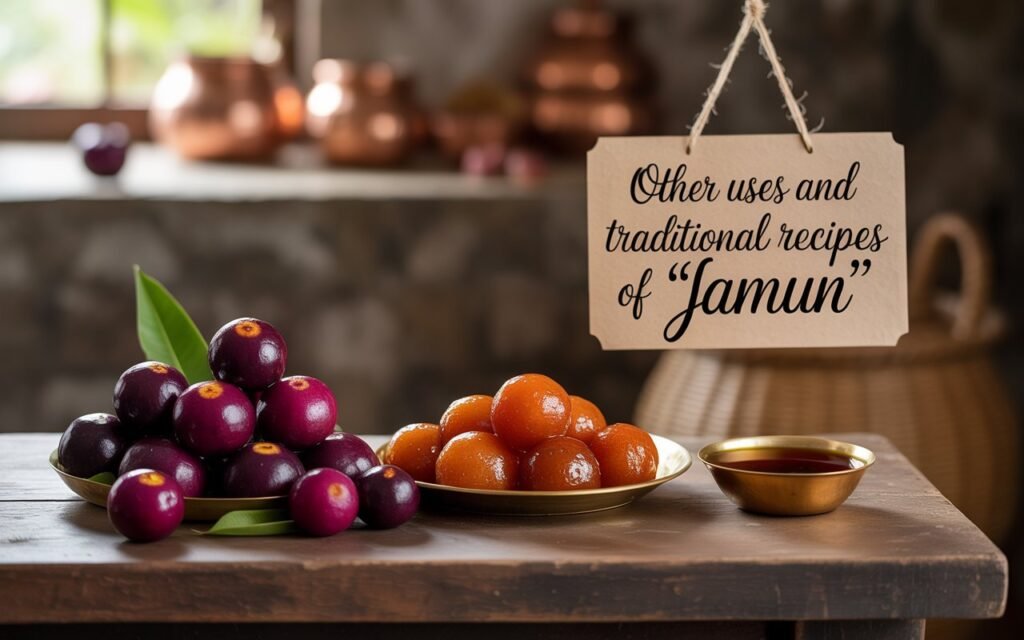 Jamun tree leaves and fruit used in Ayurvedic medicine setup