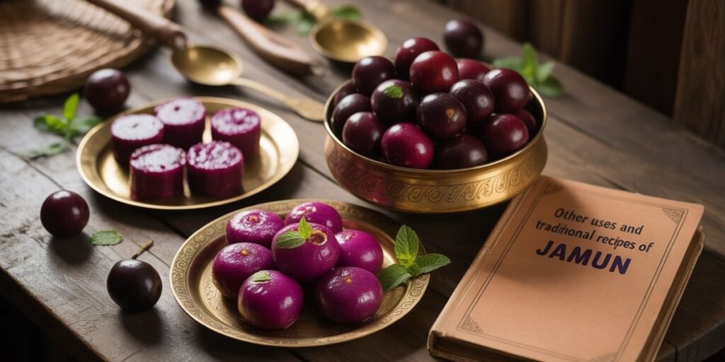 Jamun tree leaves and fruit used in Ayurvedic medicine setup
