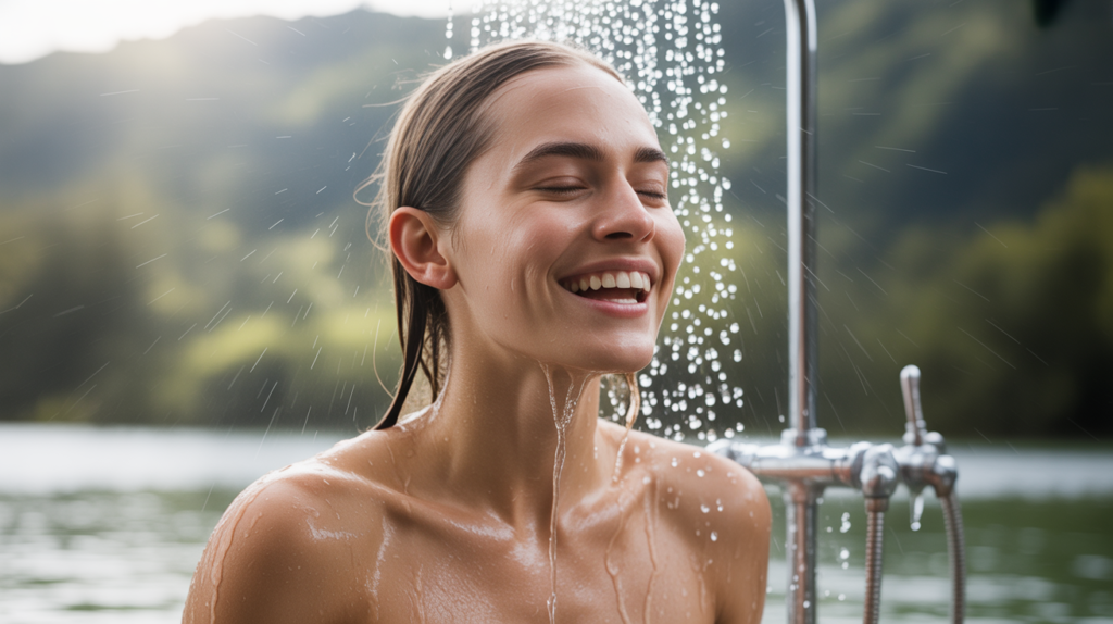 Person enjoying a cold shower in bright natural light, symbolizing health, energy, and mindfulness