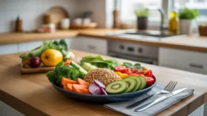 "Colorful healthy meal with vegetables, fruits, and whole grains on a plate, promoting balanced nutrition and heart health in a bright, clean kitchen."