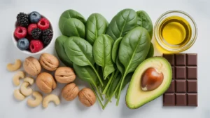 Natural foods like fruits, vegetables, garlic, and herbal tea for controlling blood pressure