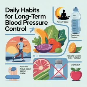 Infographic showing daily habits for long-term blood pressure control, including healthy foods, exercise, hydration, reduced salt intake, and stress management