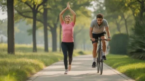 "Person exercising with walking, stretching, and cycling to lower blood pressure and improve heart health naturally."