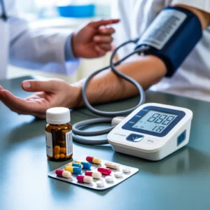 Blood pressure medications and monitoring device on a medical table