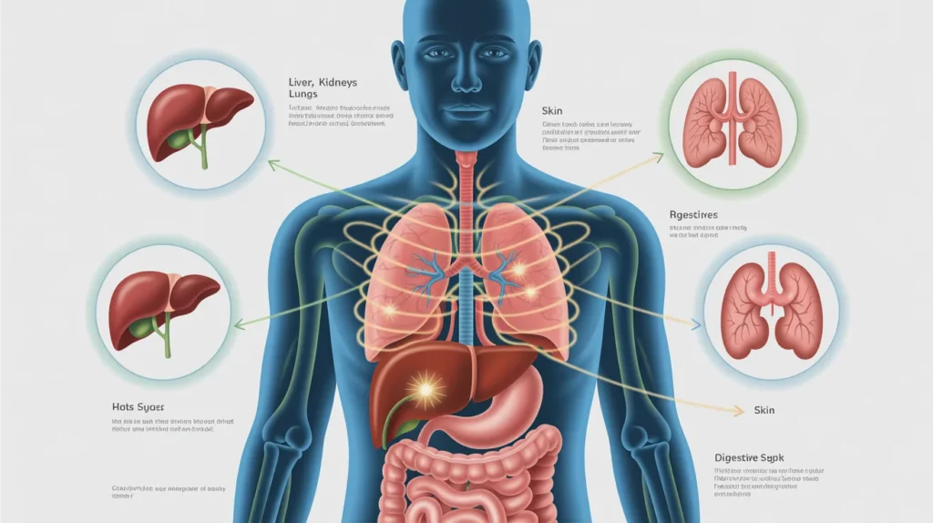 Human body illustration highlighting liver kidneys lungs skin and gut as the natural detox system