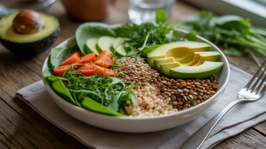 Healthy detox-supporting foods including greens lentils and vegetables