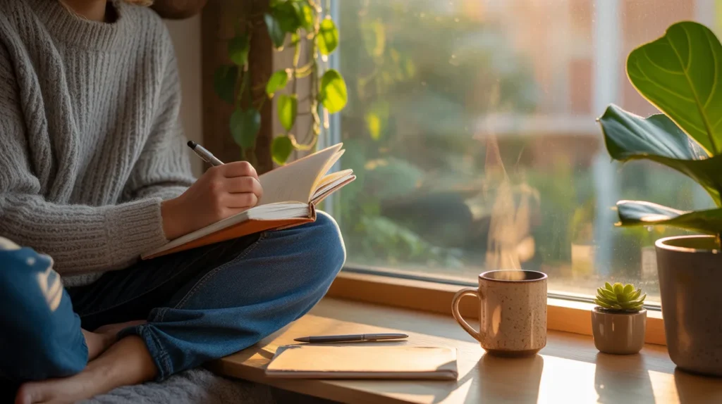 Person journaling by a window to clear the mind and lower stress naturally
