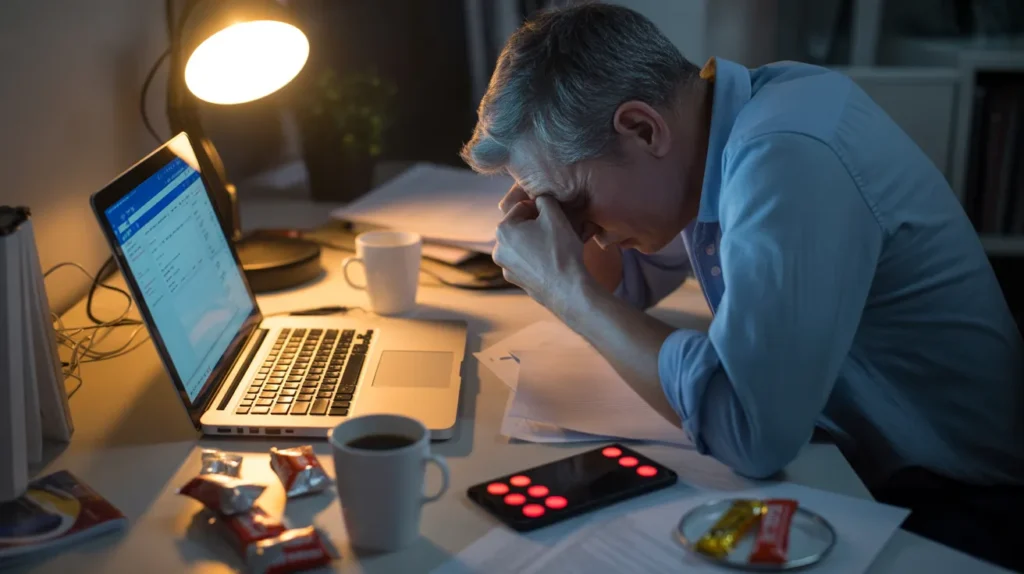 Person working late with coffee showing common causes of elevated cortisol