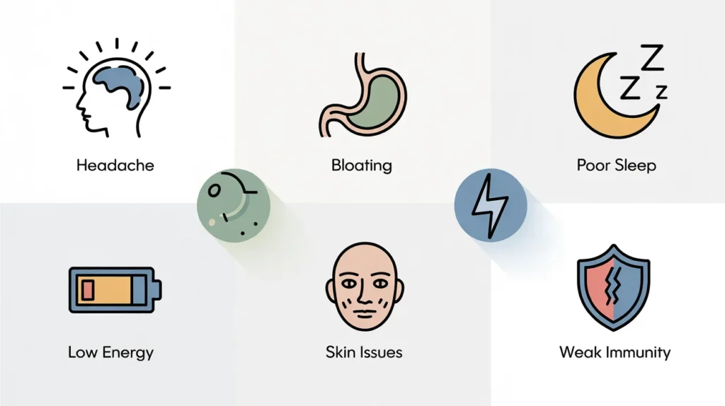 Common symptoms of toxin overload including bloating and fatigue