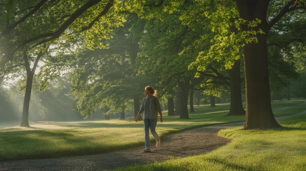 Person walking outdoors in sunlight to naturally reduce stress and cortisol