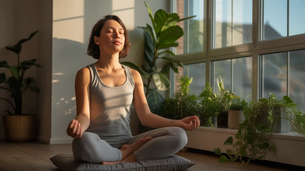Person practicing deep breathing to lower cortisol quickly during stress
