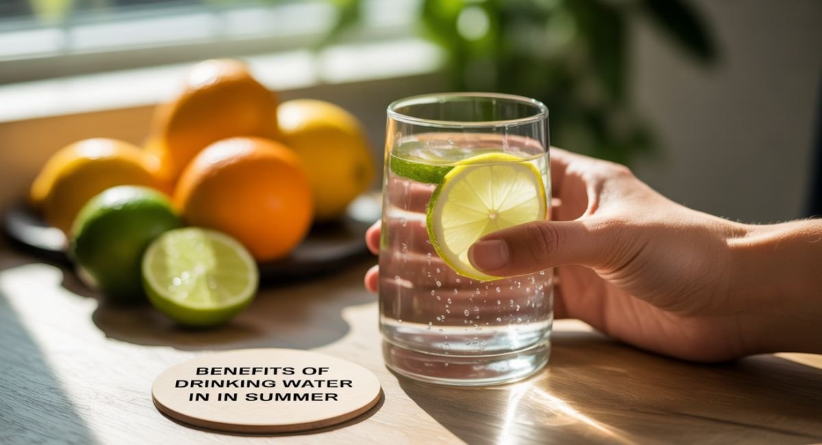 Person drinking water on a hot summer day