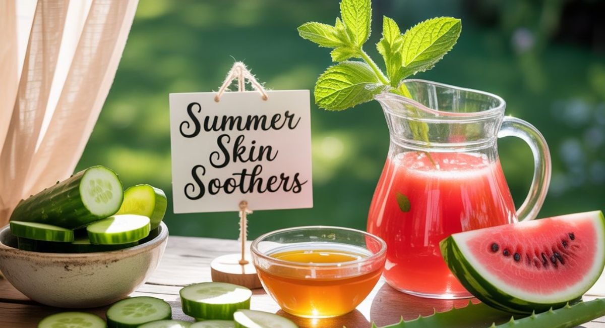 Cucumber slices on face for cooling summer skin careCucumber slices on face for cooling summer skin care