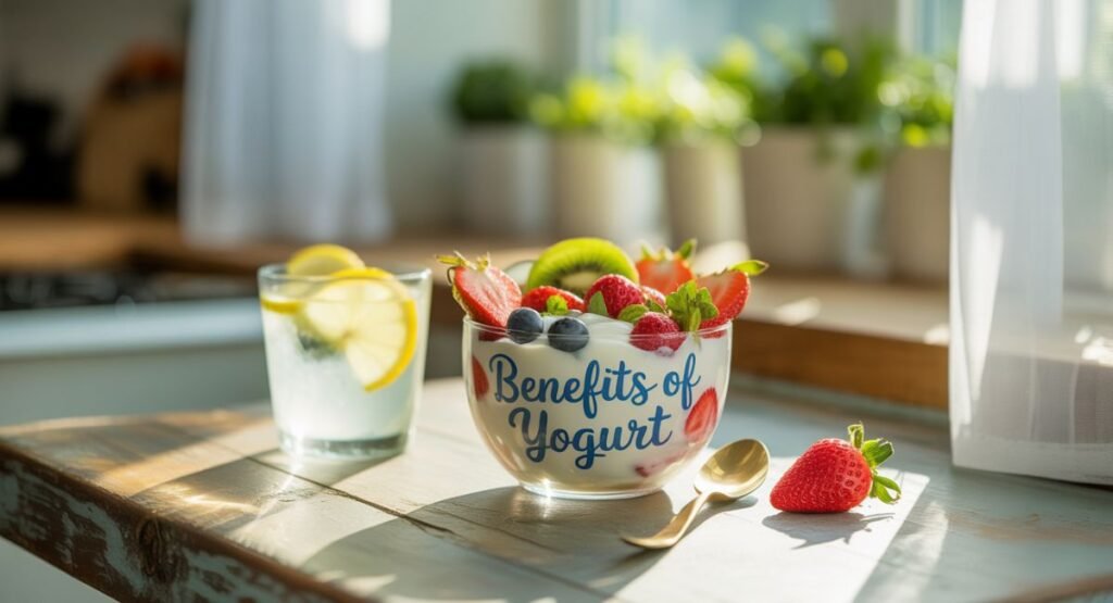 A refreshing bowl of yogurt with fruits and mint—perfect for summer cooling and gut health.