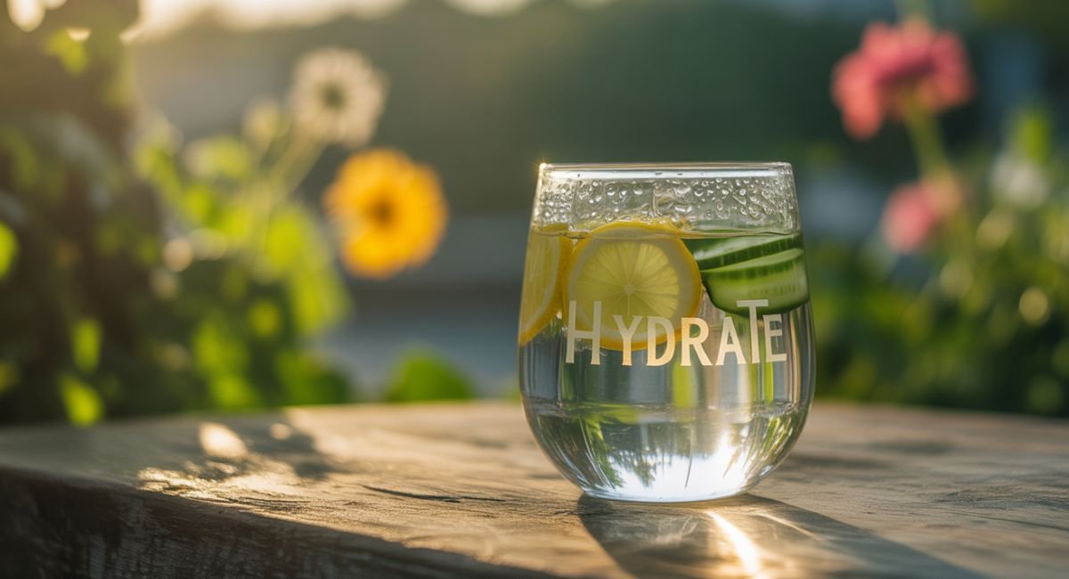 "A glass of cold water with ice and lemon on a sunny summer day, symbolizing hydration benefits in hot weather"