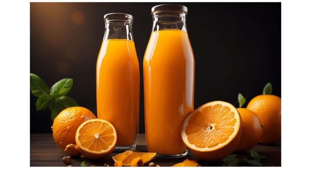 A glass of fresh mango juice with mango slices and green leaves, placed on a wooden table, glowing in natural light.