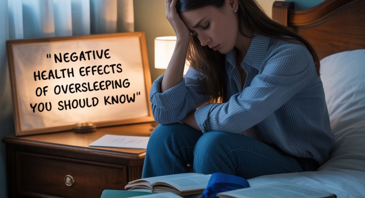 A tired person lying in bed during daytime with an alarm clock nearby, symbolizing the negative health effects of oversleeping such as fatigue and poor mental health.