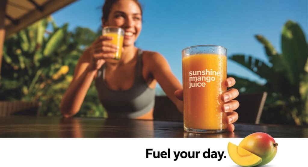 Mango juice being poured from a jug into a glass on a summer day