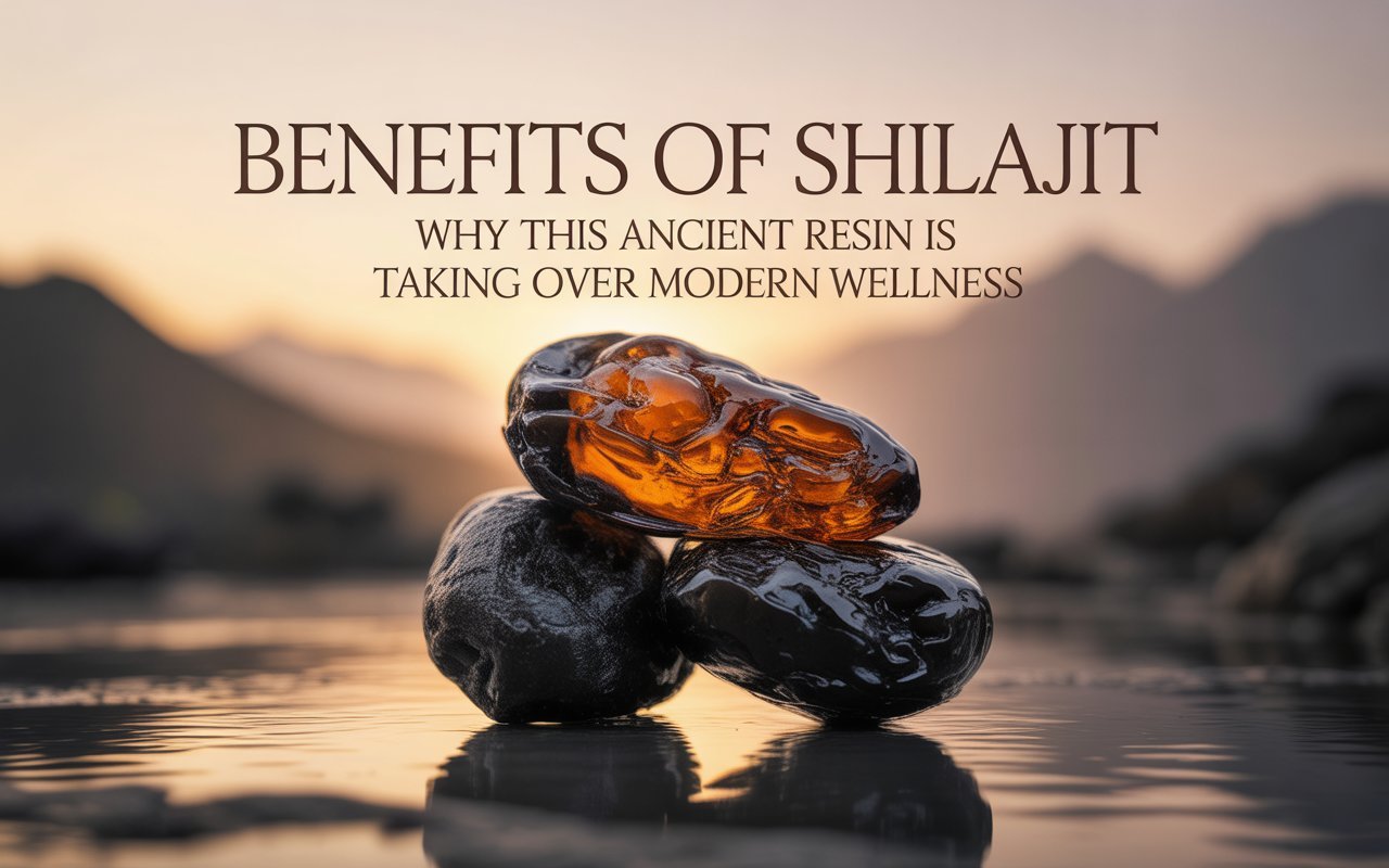 Illustration of Shilajit resin with natural Himalayan background, symbolizing its benefits for energy, brain health, testosterone, and overall wellness.