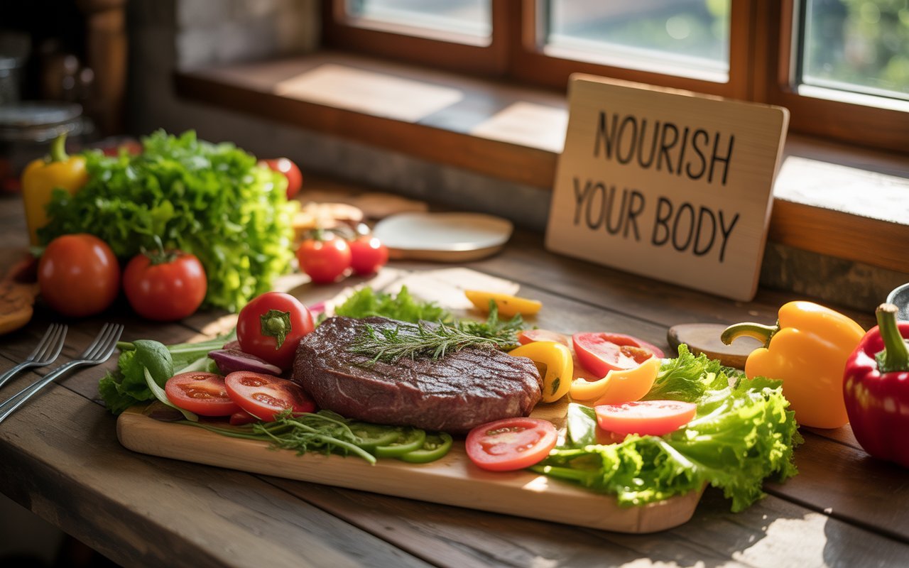 Top view of grilled meat with vegetables showing protein-rich and nutrient-packed meal for health benefits.