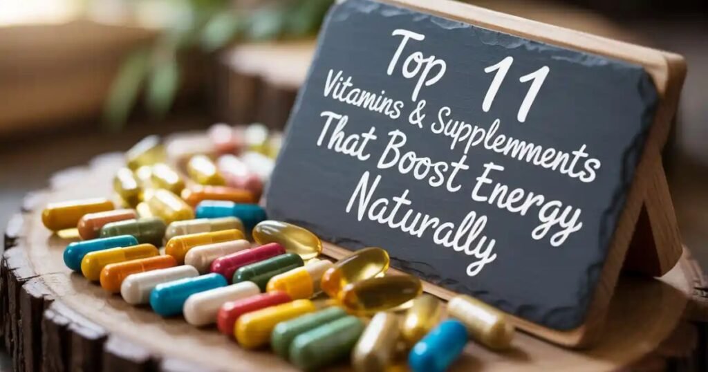 Bottles of vitamins and supplements placed next to fresh fruits, herbs, and a glass of water, symbolizing natural ways to boost energy and reduce fatigue.