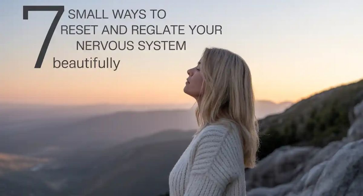 A peaceful woman meditating in nature, surrounded by calming elements like wind, trees, and symbolic icons for nervous system healing.