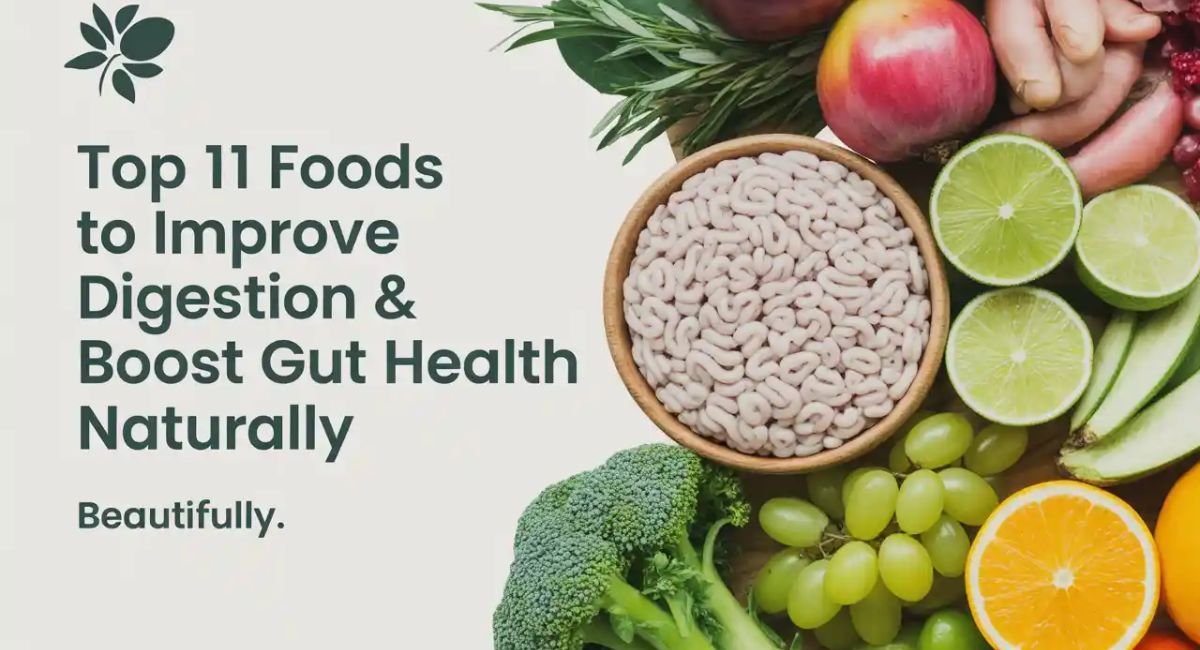 Top 11 natural foods to improve digestion and boost gut health with healthy fruits, vegetables, and herbs on a wooden table.