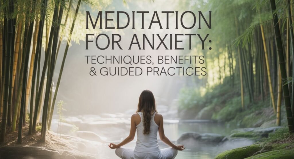 A peaceful woman meditating outdoors with closed eyes, finding relief from anxiety through mindfulness.