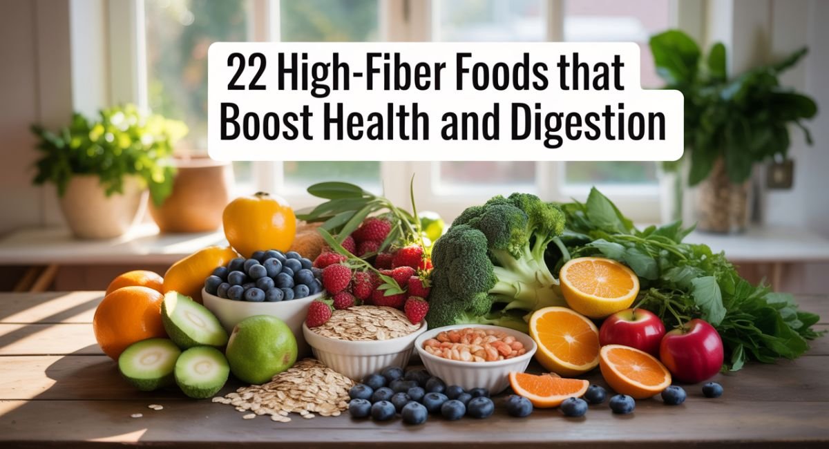 A colorful table of 22 High Fiber Foods That Boost Health and Digestion, showing fruits, vegetables, legumes, and whole grains.