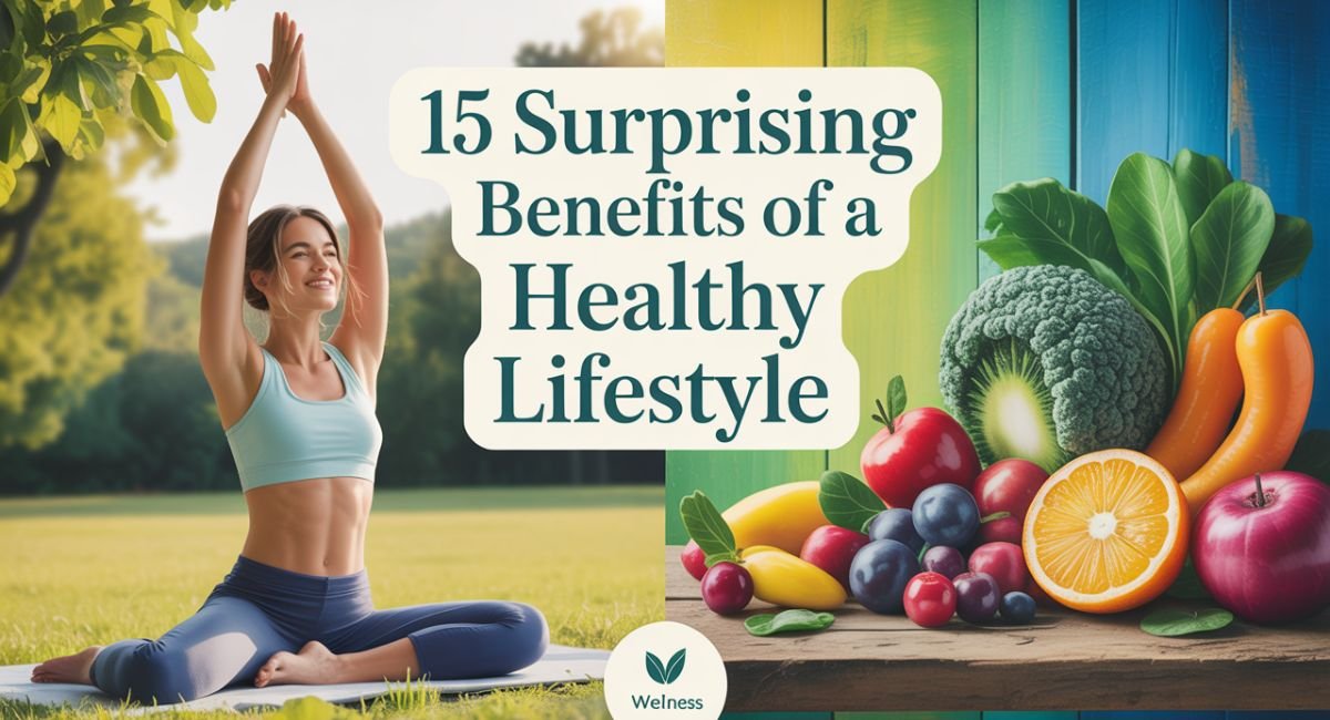 Healthy lifestyle concept showing fresh fruits, vegetables, water, and fitness gear for balanced living and overall well-being.