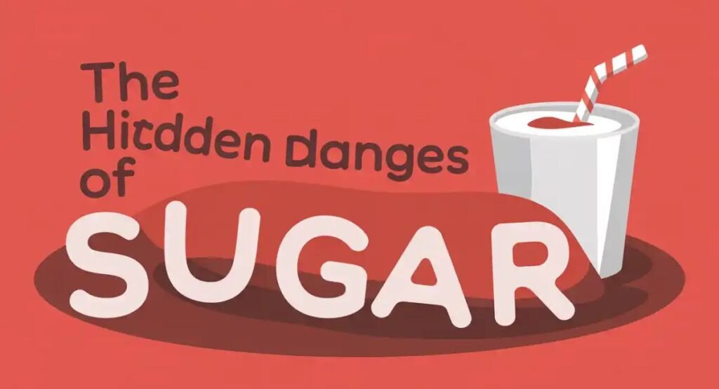 "A graphic showing harmful effects of sugar on the body including liver, heart, skin, and brain with health-conscious alternatives like fruits, water, and balanced meals."
