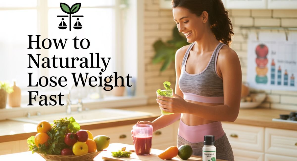 Healthy lifestyle concept showing fresh fruits, herbal tea, fitness tracker, and a woman practicing mindful eating for natural weight loss.