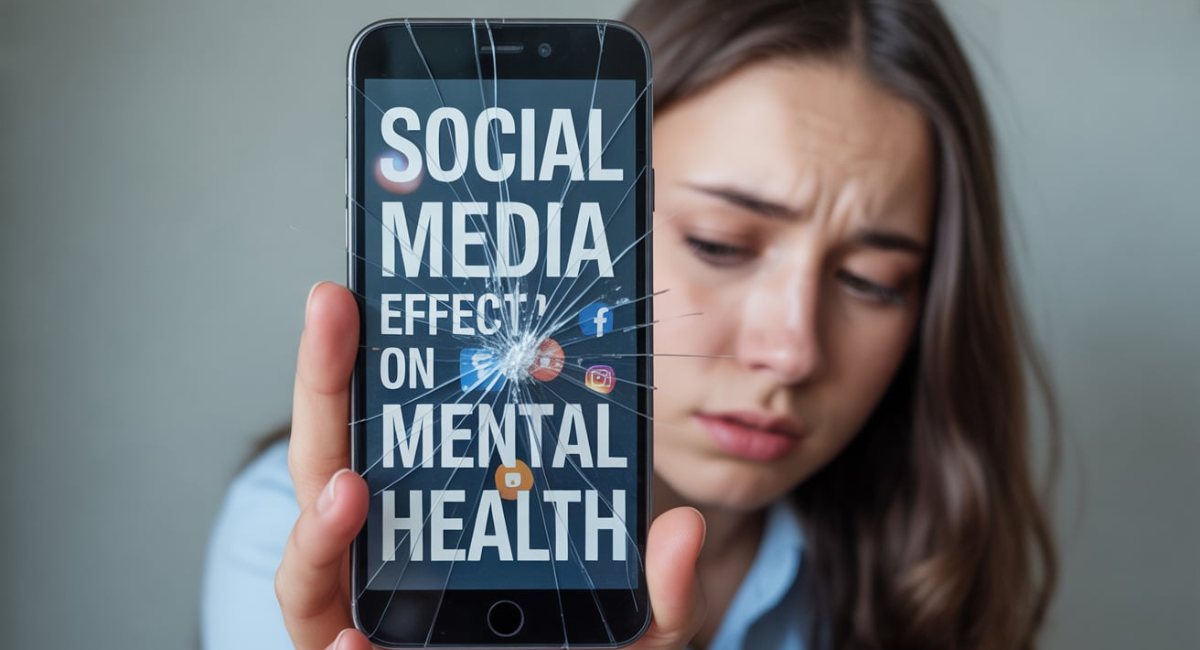 Illustration showing the effects of social media on mental health, highlighting stress, anxiety, and emotional well-being online.
