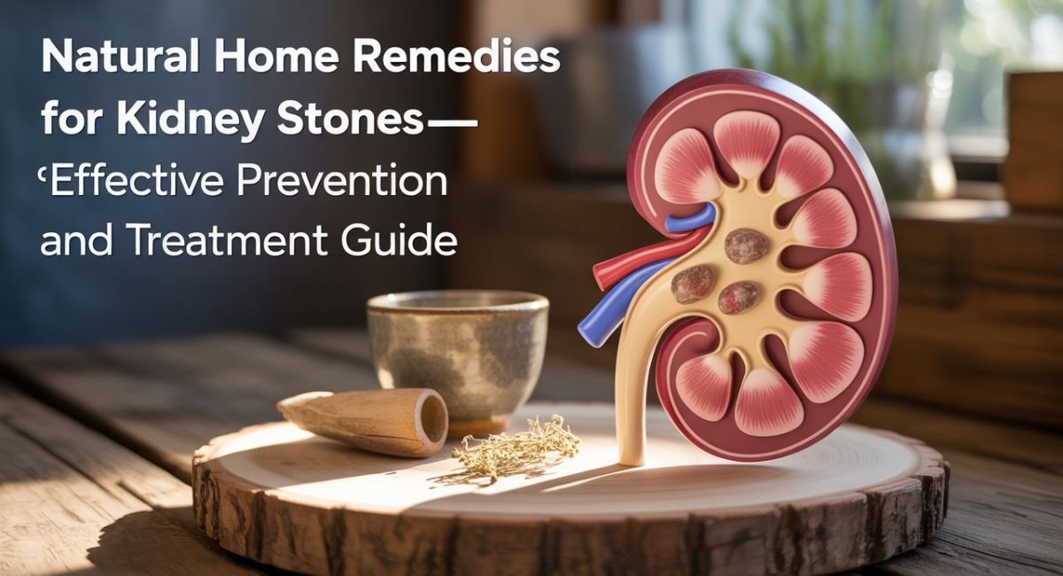 Natural Home Remedies for Kidney Stones including lemon juice, apple cider vinegar, and hydration for prevention.