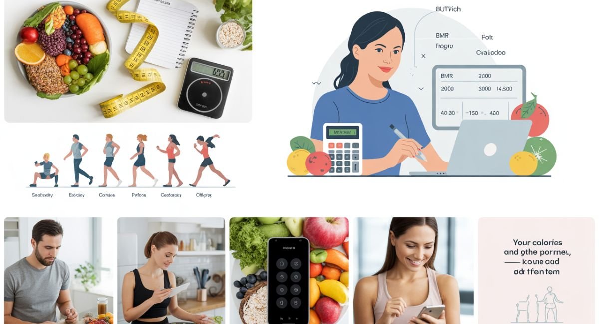 Healthy meal with measuring tape, food scale, and calorie notebook showing daily calorie tracking for weight loss.