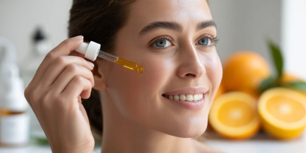Close-up of bright skin showing Vitamin C benefits