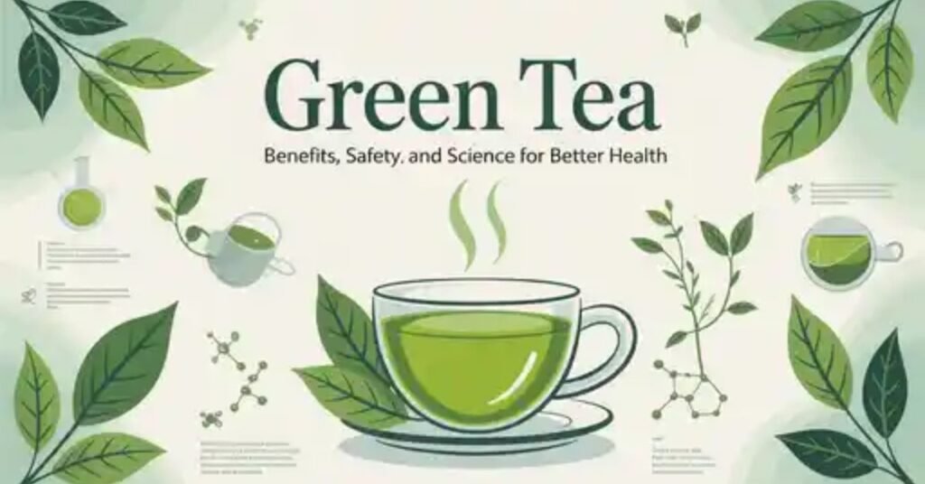 “Green tea leaves, teapot, and cup with sunlight highlighting antioxidants and freshness”