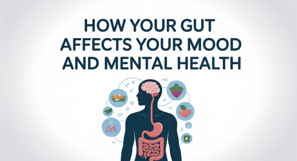 Illustration of gut-brain connection showing enteric nervous system communicating with brain for mood regulation.