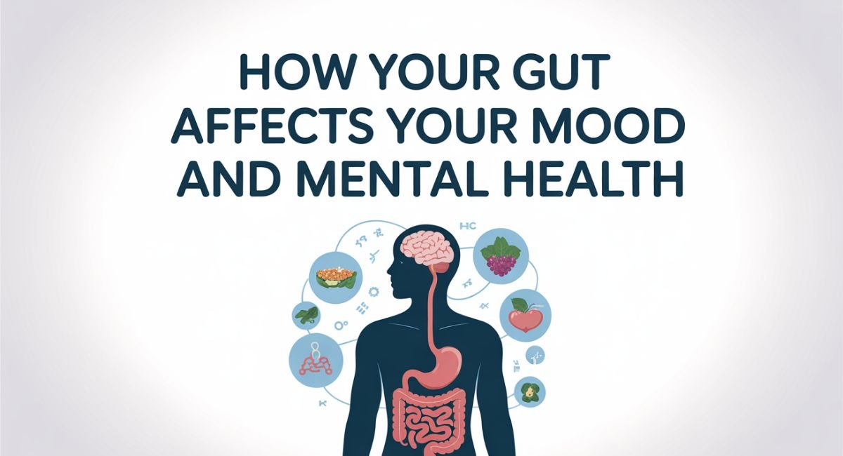Illustration of gut-brain connection showing enteric nervous system communicating with brain for mood regulation.