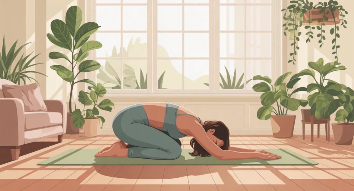 7 quick stretches for stress relief you can do right now with a woman in Child’s Pose for nervous system calming and posture support