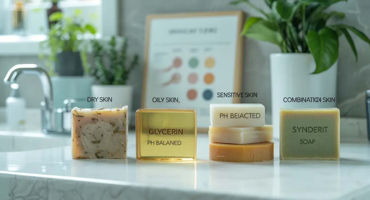 Different types of soaps for dry, oily, sensitive, and combination skin arranged on a clean bathroom counter.