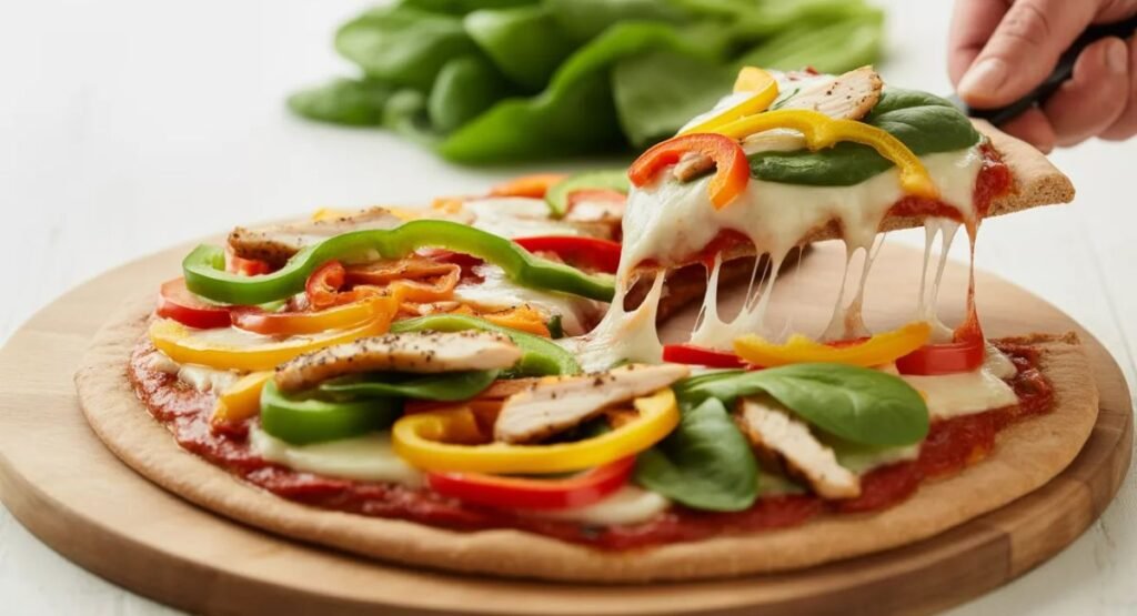“Healthy homemade pizza with whole wheat crust, colorful vegetable toppings, and lean protein slices”