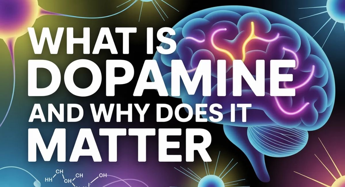 Human brain illustration showing dopamine pathways, motivation system, and how reward signals influence focus and habits
