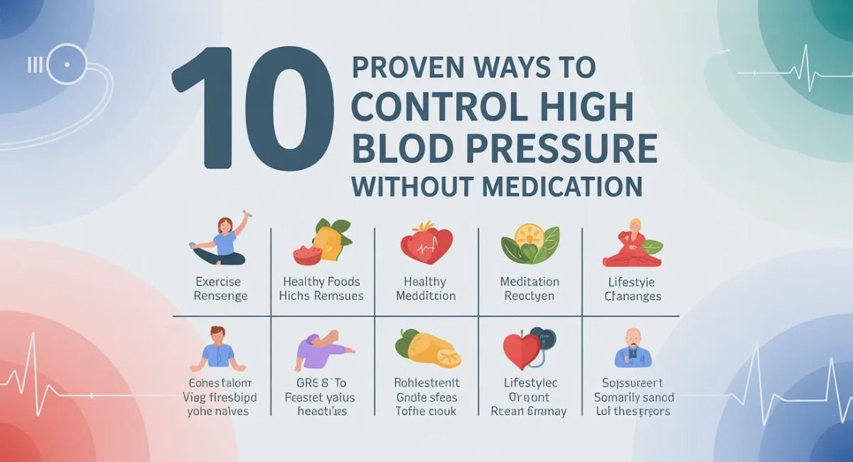Illustration showing healthy lifestyle habits for controlling high blood pressure, including exercise, balanced diet, stress management, and heart health icons.