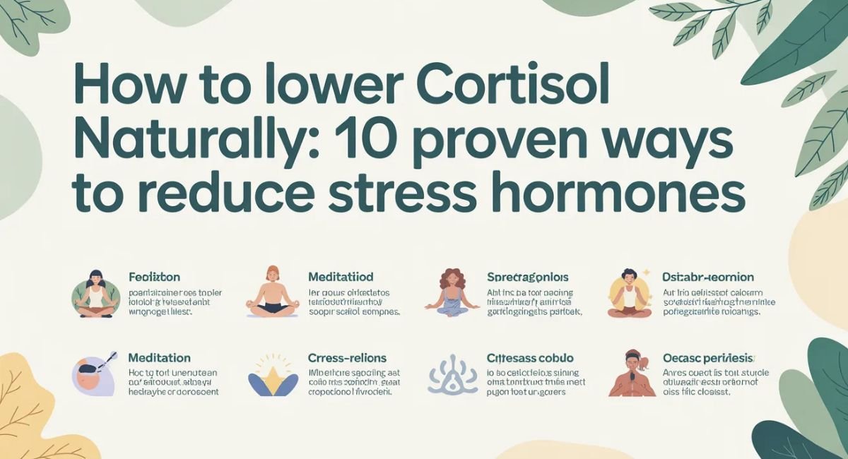 Person relaxing with herbal tea, healthy foods, and plants showing how to lower cortisol naturally and reduce stress hormones