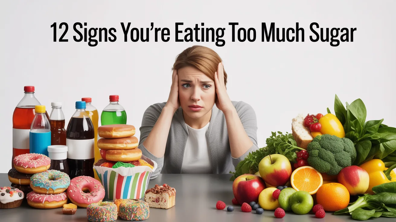 Person surrounded by sugary foods showing signs of eating too much sugar
