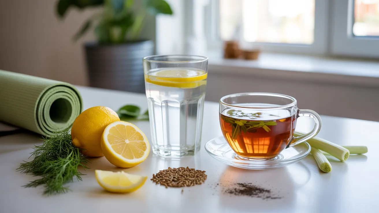Natural body detox routine with lemon water, herbal tea, and healthy morning wellness setup