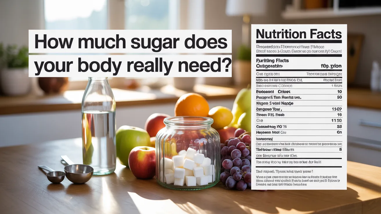 Jar of sugar cubes with fresh fruits and measuring spoons showing daily sugar intake concept