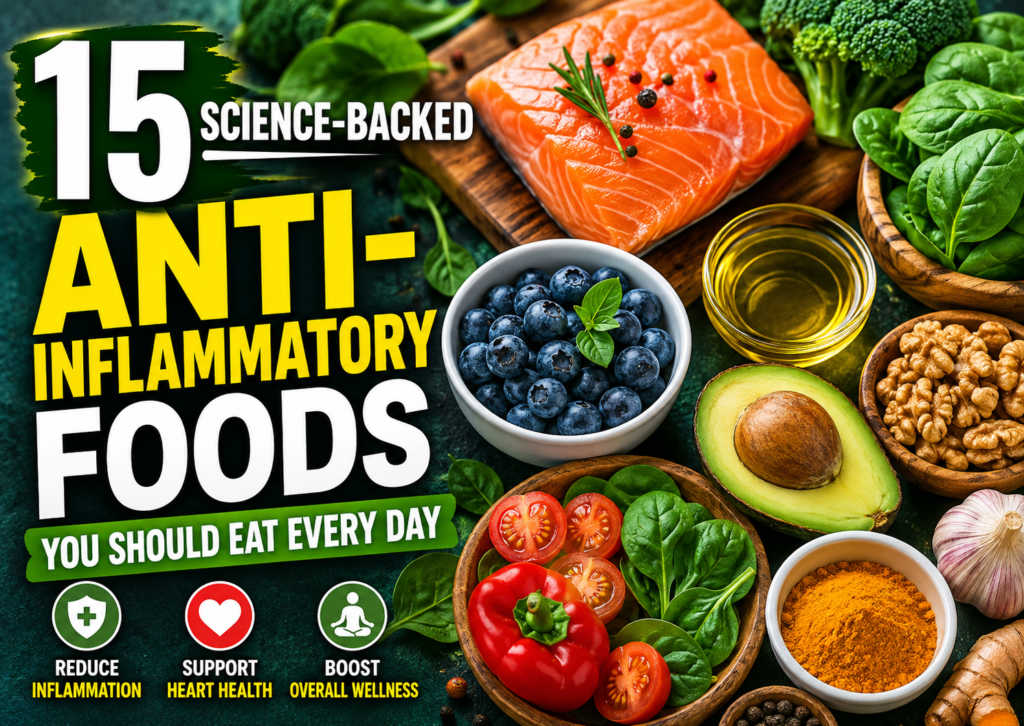 15 science-backed anti-inflammatory foods including salmon, blueberries, spinach, broccoli, avocado, olive oil, walnuts, garlic, turmeric, tomatoes, and bell peppers arranged around bold text promoting healthy eating and reduced inflammation.